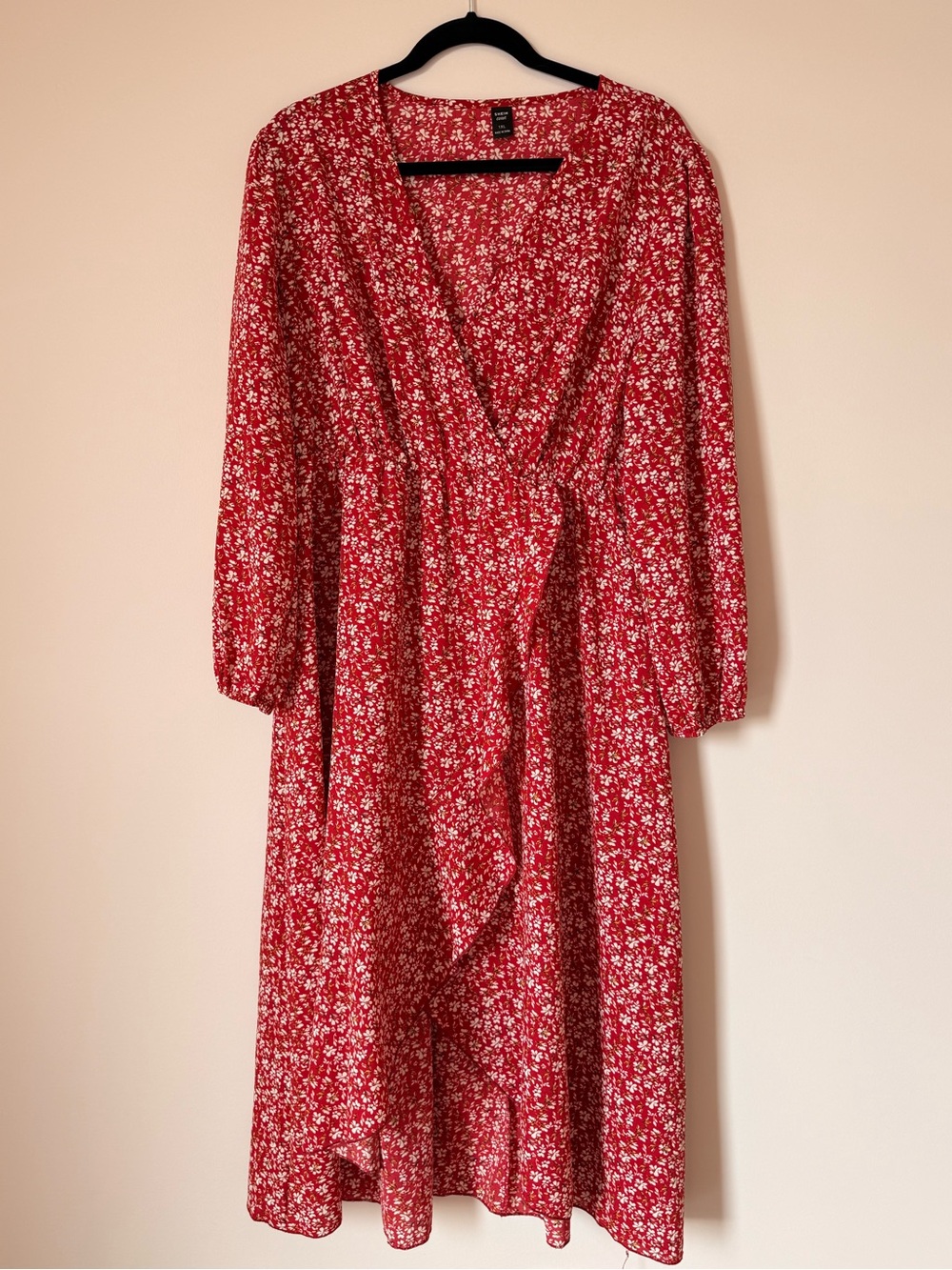SHEIN Red Floral Long Sleeve Wrap Midi Dress